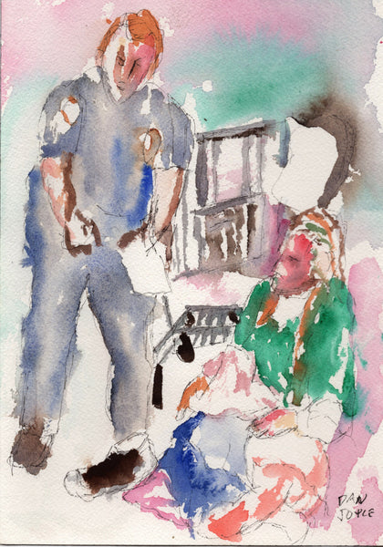 Original watercolor painting - Homeless Man and Police Officer - Dan Joyce art